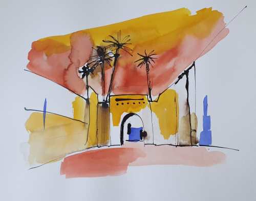 Marrakech le soir. Encre 2024, 30 x 40 cm