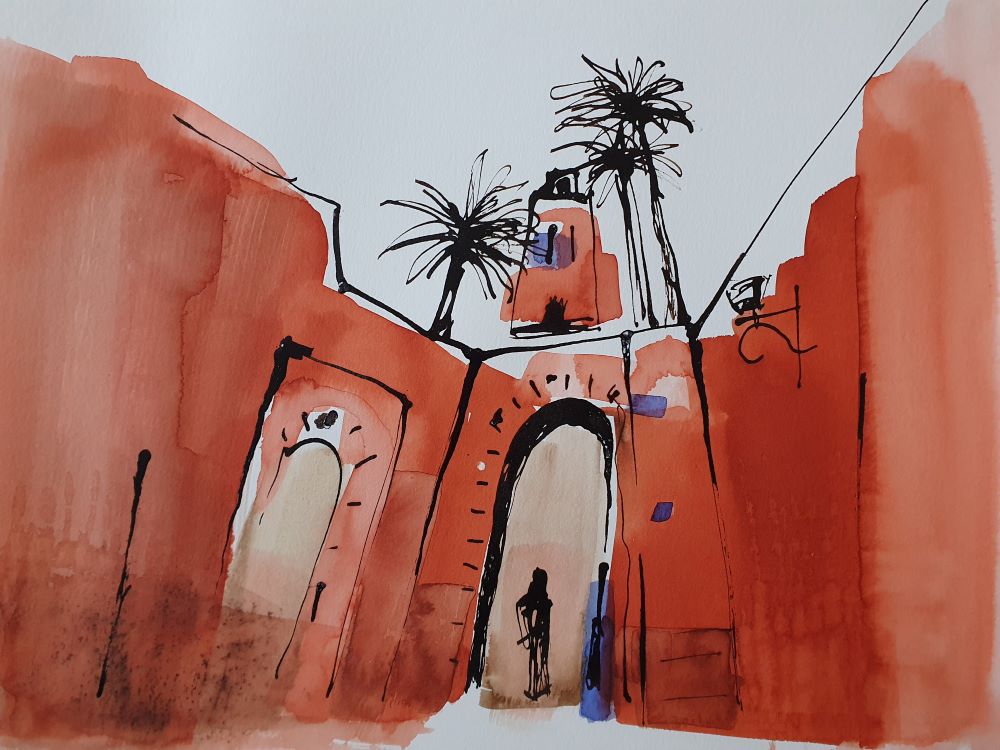 Marrakech rouge. Encre et brou de noix 2024, 30 x 40 cm
