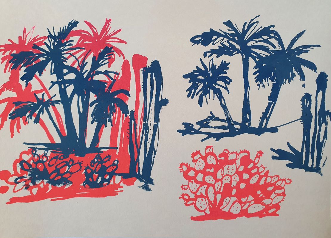 Sérigraphie bleu et rouge, format A 4