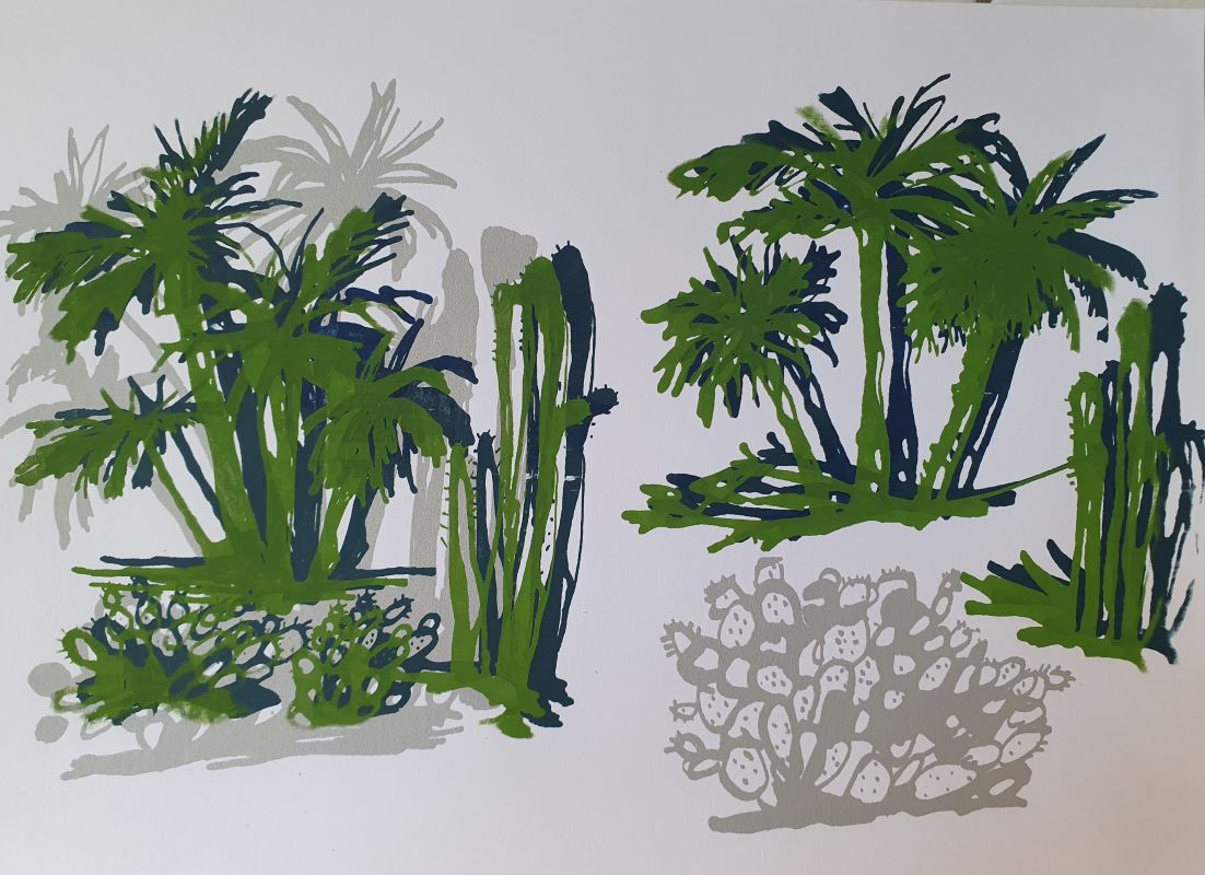 Sérigraphie argent, bleu et vert, format A4