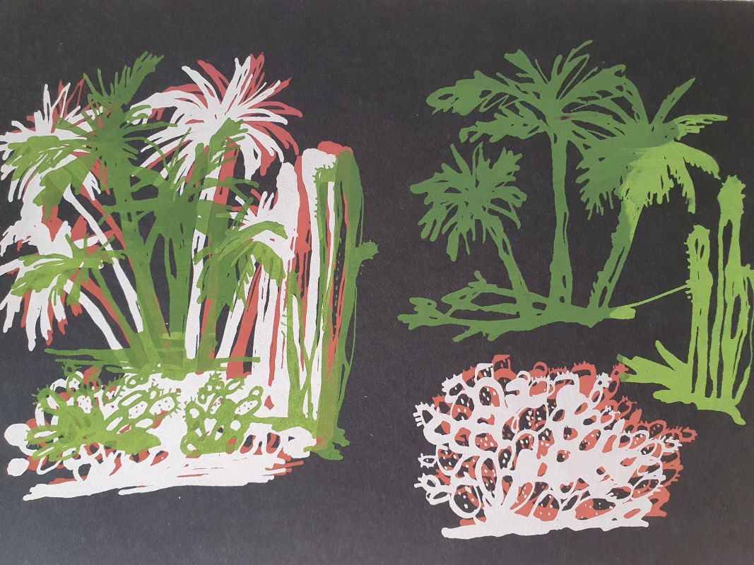 Sérigraphie argent, rose et vert, format A4 sur papier noir