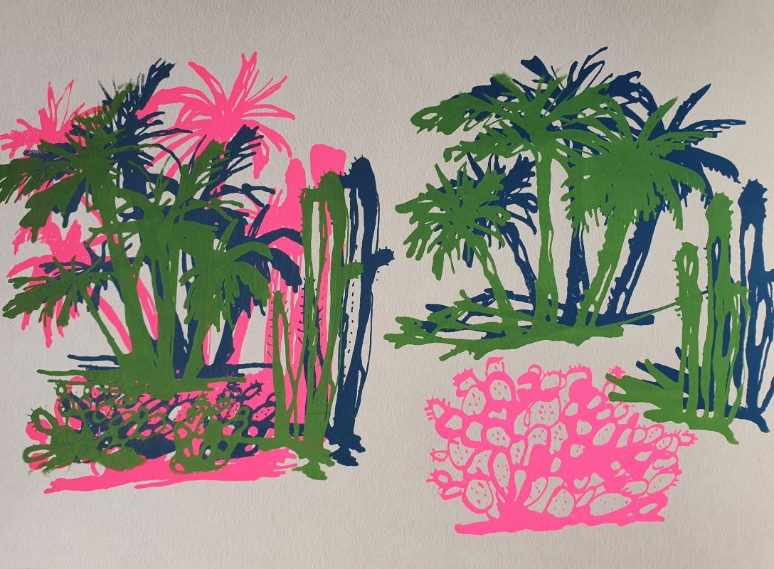Sérigraphie rose fluo, bleu et vert, format A4