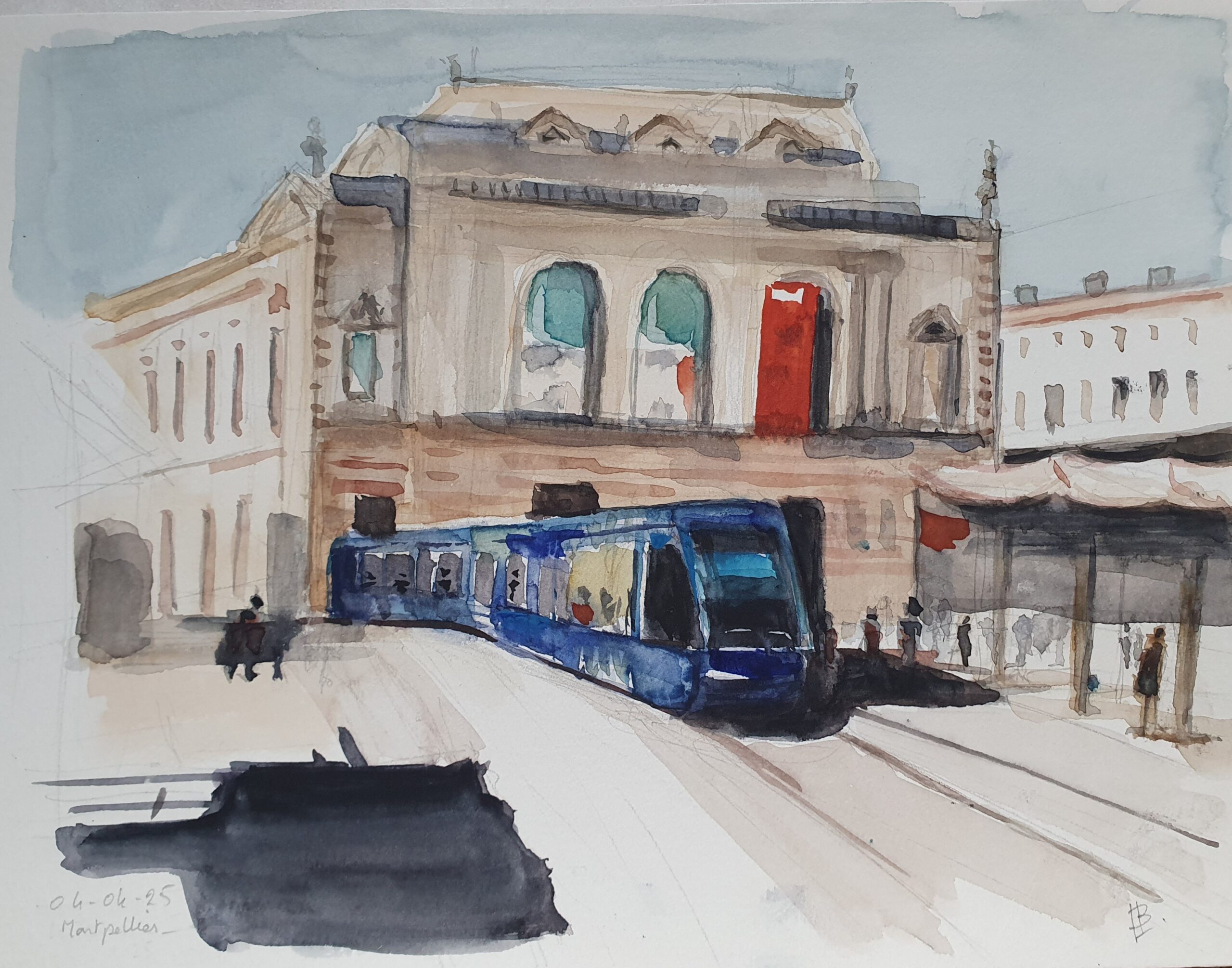 Tram Montpellier, 2025.  Aquarelle A4