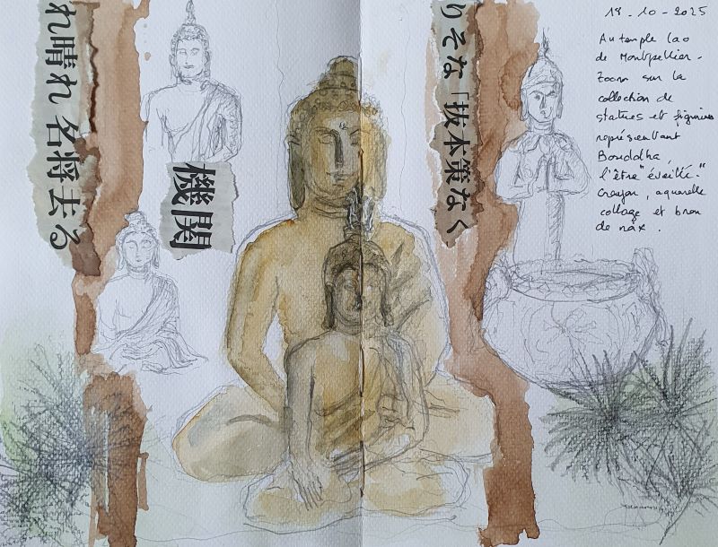 Bouddhas. Crayon, aquarelle, collage, brou de noix, 2025