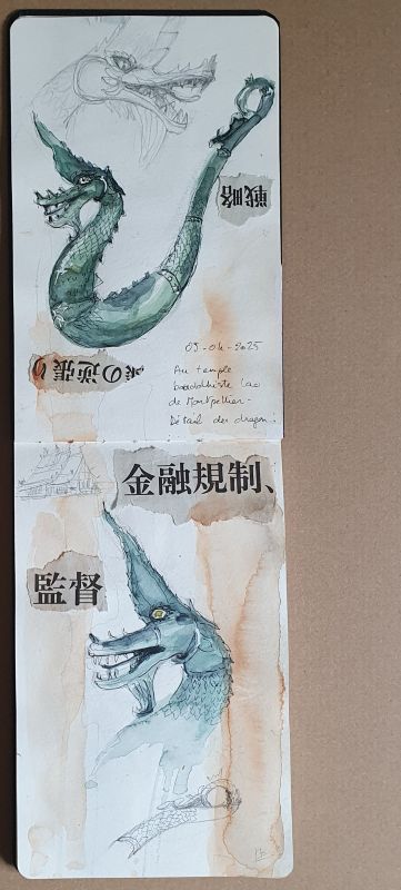 Dragons. Crayon, aquarelle et collage, 2025
