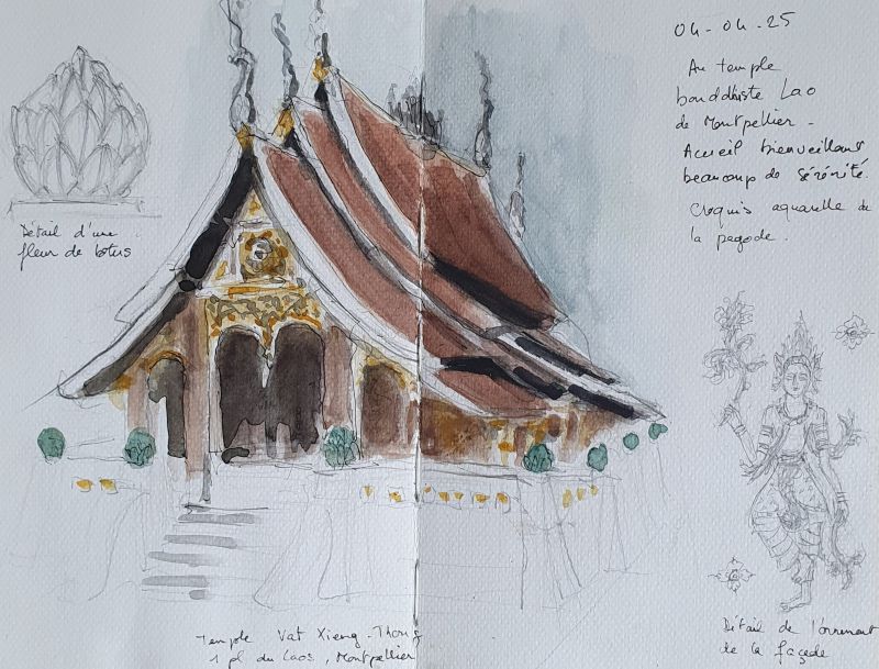 Pagode laotienne, crayon et aquarelle, 2025