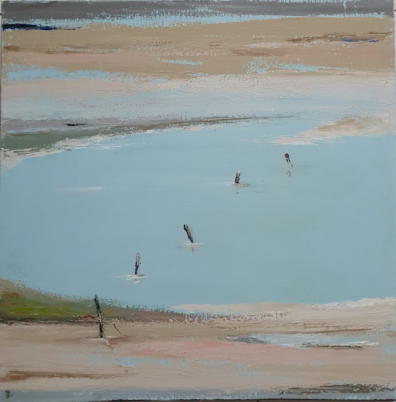 L'étang bleu, janvier 2026. Acrylique sur toile, 60 x 60 cm