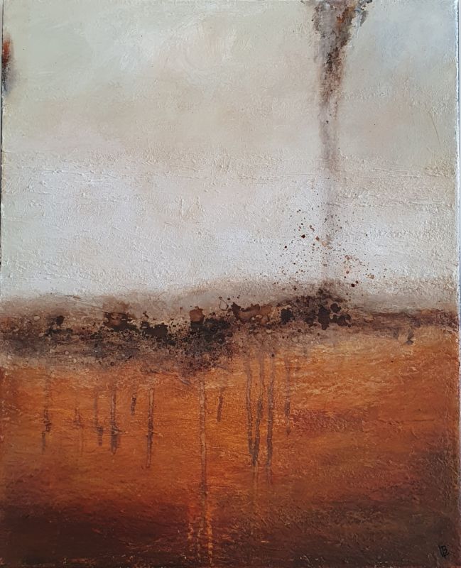 Terre brûlée, juillet 2026. Techniques mixtes sur toile, 40 x 50 cm
